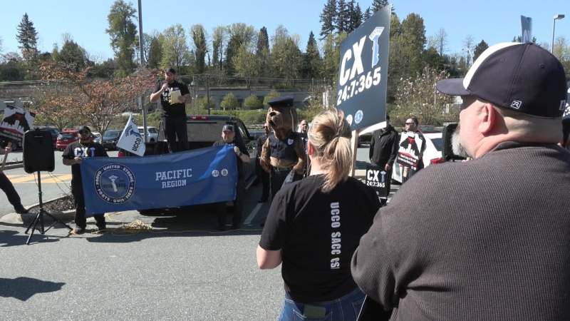 John Randle – regional president of the Union of Canadian Correctional Officers for the CSC's Pacific region – addresses the crowd at Thursday's rally. (CTV News)