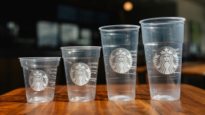 This photo provided by Starbucks shows a new version of the company's cold cup which is said to be made with up to 20 per cent less plastic. The introduction of the cups will be announced on Thursday, April 18, 2024. (Starbucks via AP)