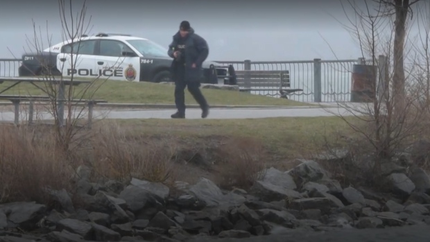 Hamilton police search Pier 4 Park after a body was discovered there on April 2, 2024. 
