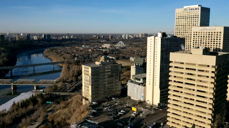 An aerial image of downtown Edmonton, the North Saskatchewan River, and the Low Level, James Macdonald and Walterdale Bridges taken on April 19, 2024. (Cam Wiebe / CTV News Edmonton) 