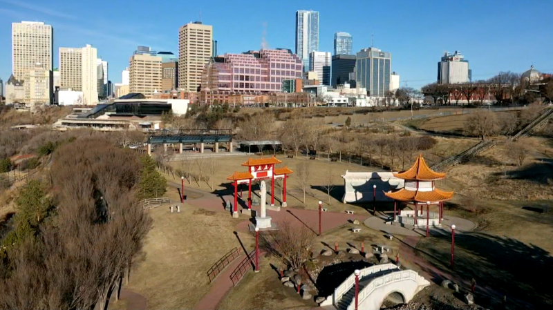 An aerial image of downtown Edmonton taken by drone over the Chinese Garden in Louise McKinney Riverfront Park on April 19, 2024. (Cam Wiebe / CTV News Edmonton) 