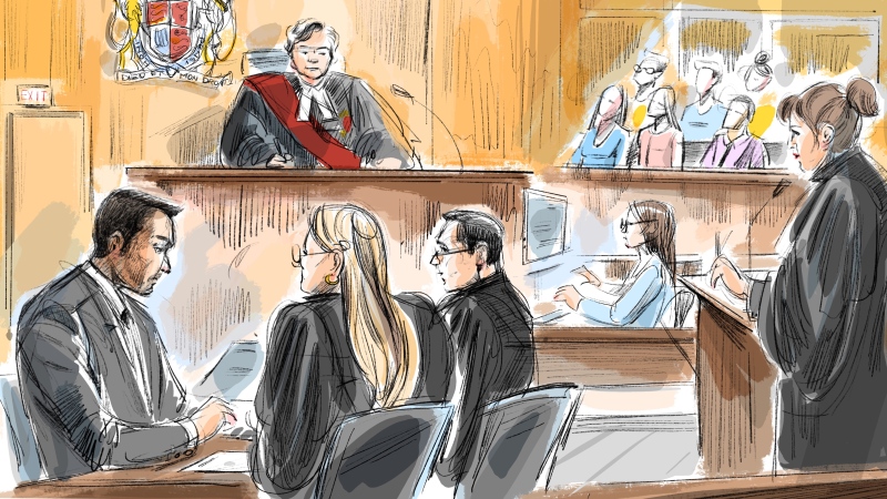 Umar Zameer, left to right, defence lawyers
Alexandra Heine, Nader Hasan, Crown attorney Karen Simone are shown in this courtroom sketch as Justice Anne Molloy and jury members look on in Toronto on Thursday, March 21, 2024. The trial of a man accused of killing a Toronto police officer in a parking garage nearly three years ago has begun. Zameer has pleaded not guilty to first-degree murder in the death of Const. Jeffrey Northrup.THE CANADIAN PRESS/Alexandra Newbould