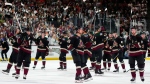 Arizona Coyotes players acknowledge the fans after an NHL hockey game against the Edmonton Oilers on April 17, 2024. (AP Photo/Ross D. Franklin)