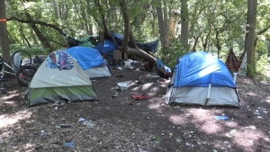 A homeless encampment seen on July 4, 2023. (Brent Lale/CTV News London) 