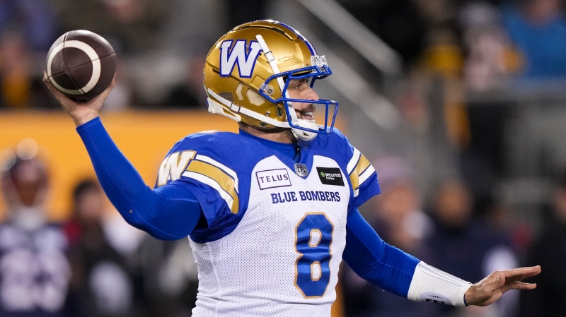 Winnipeg Blue Bombers quarterback Zach Collaros (8) throws the ball against the Montreal Alouettes during the first half of football action at the 110th CFL Grey Cup in Hamilton, Ont., on Sunday, November 19, 2023. (THE CANADIAN PRESS/Nathan Denette)