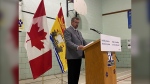 Minister Bill Hogan speaks at Hazen White-St. Francis School in Saint John on April 19, 2024. 