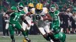 Edmonton Elks receiver Eugene Lewis (87) runs the football against Saskatchewan Roughriders during the first half of CFL football action in Regina, on Friday, September 15, 2023. THE CANADIAN PRESS/Heywood Yu