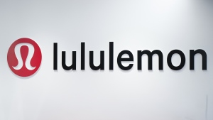The Lululemon logo is seen on a wall at the company's headquarters, in Vancouver, on Thursday, May 25, 2023. (Darryl Dyck / The Canadian Press)