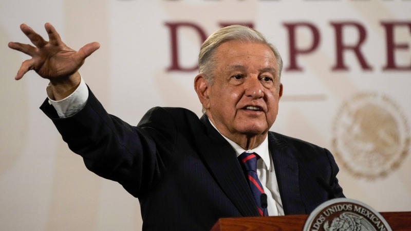 Mexican President Andres Manuel Lopez Obrador gives his regularly scheduled morning press conference at the National Palace in Mexico City, Tuesday, April 16, 2024. (Marco Ugarte / AP Photo)
