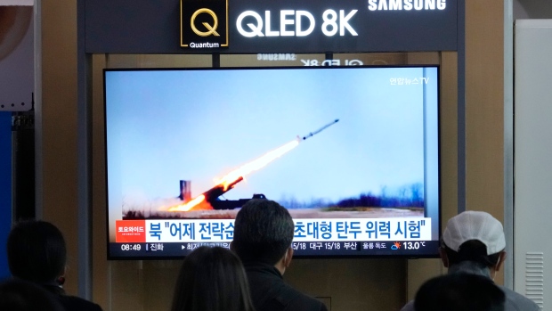 A TV screen shows an image of North Korea's missile launch during a news program at the Seoul Railway Station in Seoul, South Korea, Saturday, April 20, 2024. (AP Photo/Ahn Young-joon)