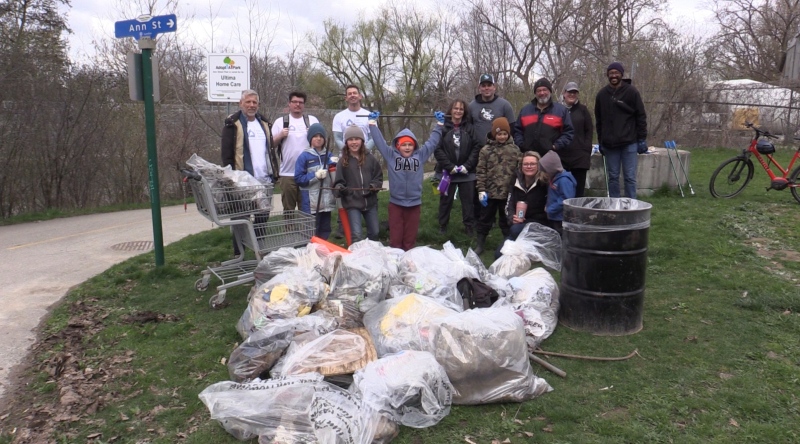 Volunteers from Antler River Rally cleaned up more than a dozen bags worth of trash from Ann St. Park in London, Ont. on Apr. 20, 2024. (Source: Brent Lale/CTV News London)