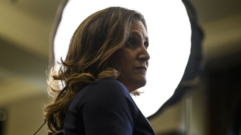 FILE - Finance Minister Chrystia Freeland takes part in a TV interview after tabling the budget on Parliament Hill in Ottawa, on Tuesday, April 16, 2024. THE CANADIAN PRESS/Justin Tang