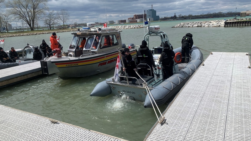 Sailors from the Royal Canadian Naval Reserve are conducting exercises on the Detroit River alongside various emergency service groups, aiming to respond effectively in a coordinated manner to water emergencies. Pictured on Apr. 20, 2024. (Bob Bellacicco/CTV News Windsor)