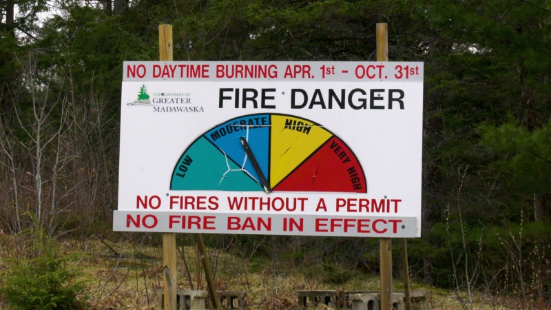 A fire danger sign for Greater Madawaska Township, located near Burnstown, Ont. on April 20, 2024. (Dylan Dyson/CTV News Ottawa)