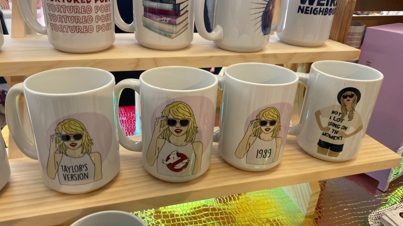 Taylor Swift coffee mugs for sale at a Mall Market event at Kingsway Garden Mall on April 20, 2024. (Galen McDougall/CTV News Edmonton)