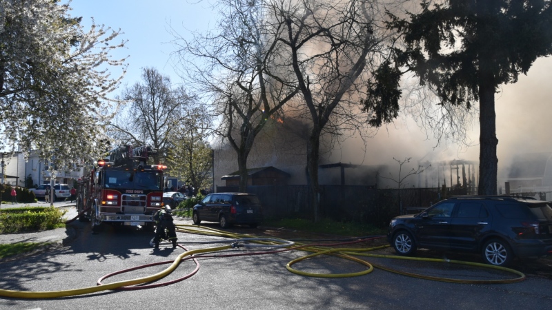 Four homes are damaged and 14 people displaced after a fire in Aldergrove on Saturday, April 20, 2024. (CTV News)