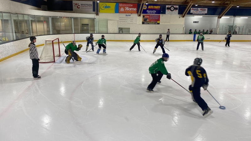 Ringette players hit the ice all day for mental health for the Ring it in for Mental Health charity tournament on  all day April 20, 2024. (Galen McDougall/CTV News Edmonton)