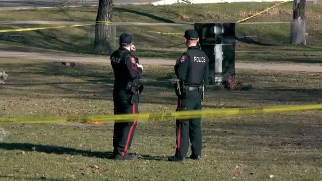 Police taped off an area in a greenspace near Memorial Dr. and Edmonton Tr. N.E. after a stabbing on April 20, 2024. (Tyler Barrow/CTV News Calgary)
