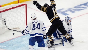 The Boston Bruins celebrate a goal against the Toronto Maple Leafs during Game 1 of the first-round playoff series on April 20, 2024. (Michael Dwyer/AP Photo)