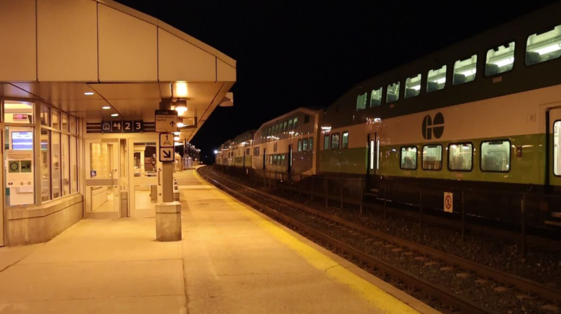A 15-year-old boy is in hospital in life-threatening condition after him and three other youths climbed on top of the GO train early Sunday morning on April 21, 2024. (Jacob Estrin / CP24)