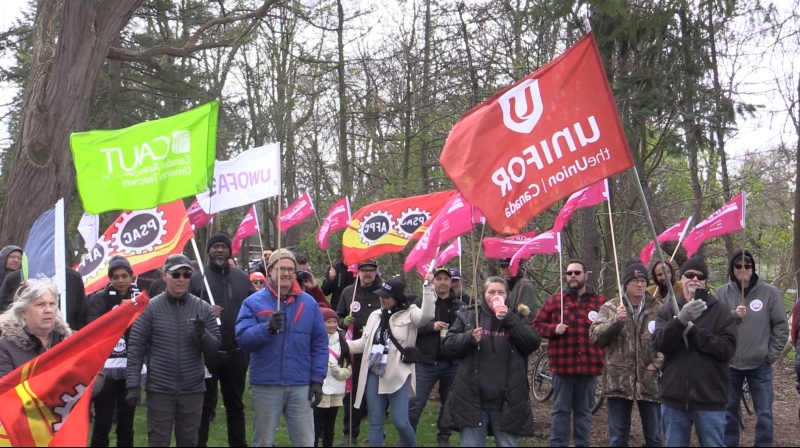 Multiple unions joined Western University graduate teaching assistants on the picket line in London, Ont. on Apr. 20, 2024. (Brent Lale/CTV News London) 
