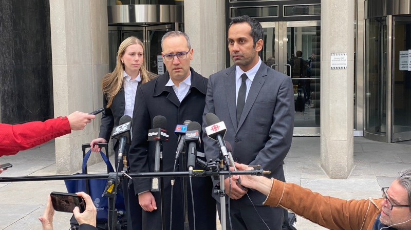 Umar Zameer and his lawyers stood outside the courthouse on Sunday, April 21, 2024 to speak on the jury's verdict. (Jon Woodward/CTV News Toronto)