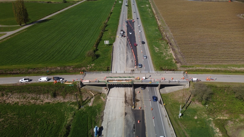 An overpass that was hit by a truck is being repaired in Delta, as shown in this photo from April 21, 2024. 