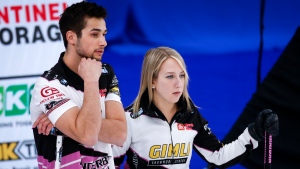 Colton and Kadriana Lott, pictured in 2021, stay undefeated at the world mixed doubles curling championship in Sweden on April 21, 2024. (Jeff McIntosh/The Canadian Press)