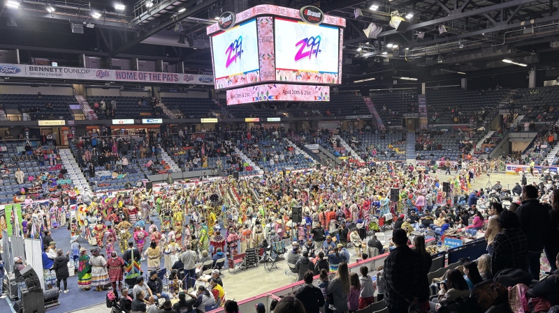 The First Nations University of Canada Powwow Celebration at the Brandt Centre on April 21. (Hallee Mandryk/CTV News)
