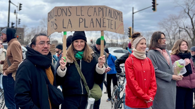 Dozens gathered to protest the Quebec government's environmental policies in Montreal on April 21, 2024. (Laurence Brisson Dubreuil, CTV News)