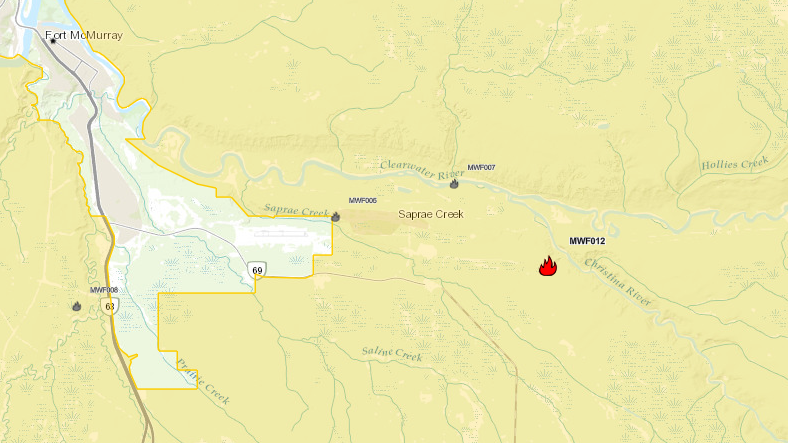 An out of control wildfire near Saprae Creek Estates prompted an evacuation alert for the community on April 21, 2024. (Source: Alberta Wildfire Dashboard) 