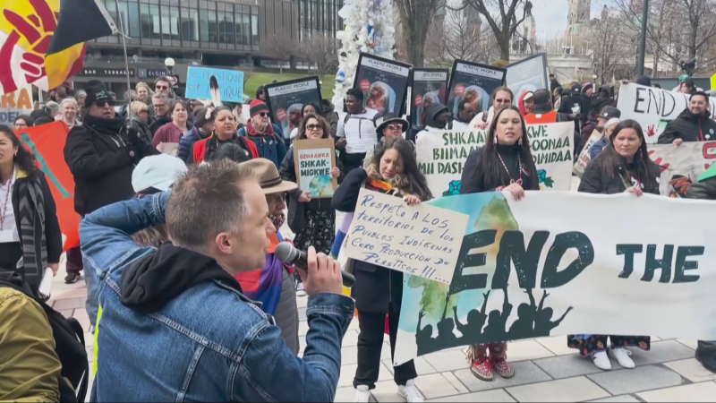 Demonstrators marched in Ottawa as more than 4,000 delegates are coming to the capital this week to create a global treaty to eliminate plastic waste by 2040 on April 21, 2024 (Katelyn Wilson/CTV News).