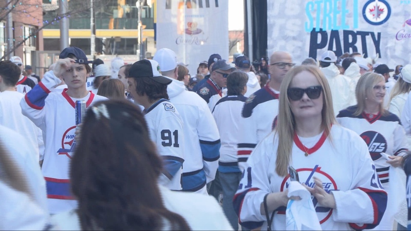 Thousands of fans took over Donald Street for the Whiteout Street Party on April 21, 2024. (Zachary Kitchen/CTV News Winnipeg)