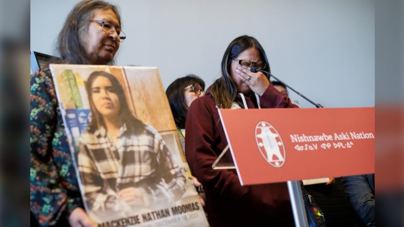 Vanessa Sakanee wipes her eyes as she speaks about her daughter Mackenzie Moonias, a 14-year-old found dead in Thunder Bay in December 2023 at Queen's Park. April 22, 2024 (Cole Burston/The Canadian Press)
