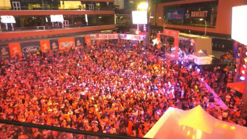 Fans gather at Ice District for Oilers playoffs.