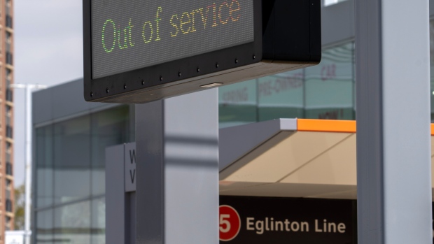 "Out of Service" signs are shown on the Eglinton Crosstown LRT in Toronto on Friday, May 5, 2023. THE CANADIAN PRESS/Frank Gunn