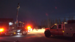 Crews battle a grass fire at The Grange Country Estates in Strathcona County on April 22, 2024. (Evan Klippenstein/CTV News Edmonton)