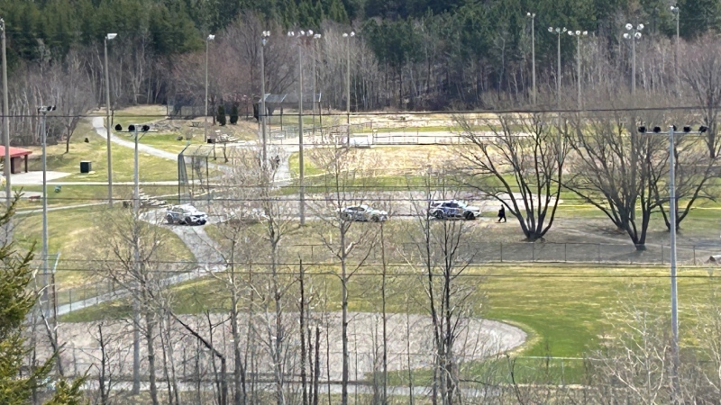 Several Greater Sudbury Police Service vehicles parked at the Terry Fox Sports Complex on April 22, 2024. (Chelsea Papineau/CTV News Northern Ontario)