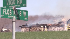 A destructive fire broke out in a barn on Monday afternoon at Flos Rd 8 in Springwater Ont., on April, 22, 2024. (CTVNews/Steve Mansbridge)
