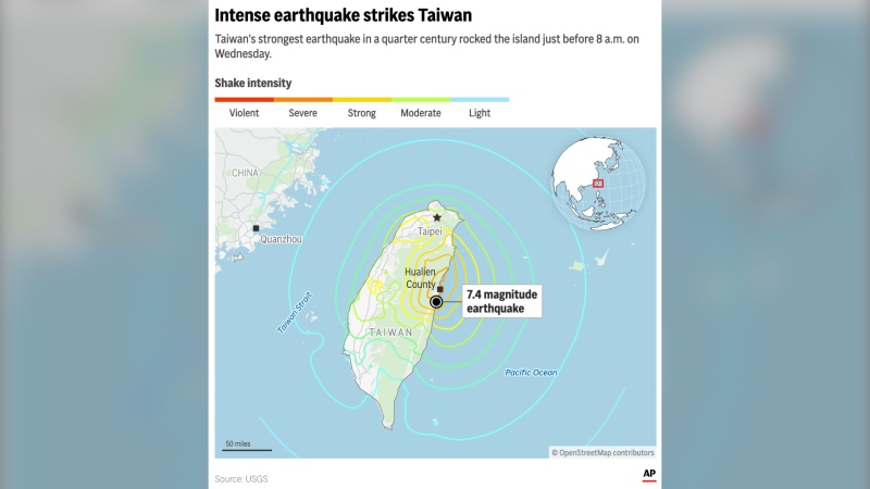 The map above locates the 7.4-magnitude earthquake that struck Taiwan on Wednesday, April 3 and plots its shake intensity. (AP Digital Embed)