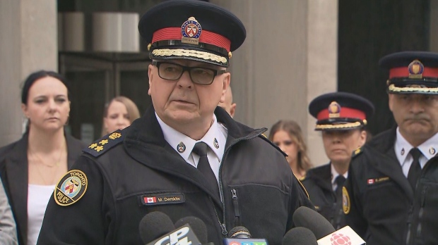 Toronto Police Chief Myron Demkiw speaks during an April 21 news conference outside the University Avenue Courthouse shortly after a jury acquitted Umer Zameer of the first-degree murder of Det. Const. Jeffrey Northrup.