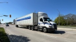 A transporttruck is seen on the road in Windsor, Ont. on April 22, 2024. (Chris Campbell/CTV News London) 
