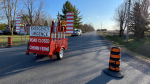 South Russell Road and Route 400 in Russell, Ont. The area is closed to vehicles after a collision between a transport truck and a school bus that sent three children to hospital April 22, 2024. (Peter Szperling/CTV News Ottawa)