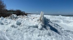 giant mounds of ice formed on the shore of Twin Lakes Beach on Lake Manitoba. April 22, 2024. (Danton Unger/CTV News Winnipeg)