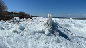 giant mounds of ice formed on the shore of Twin Lakes Beach on Lake Manitoba. April 22, 2024. (Danton Unger/CTV News Winnipeg)