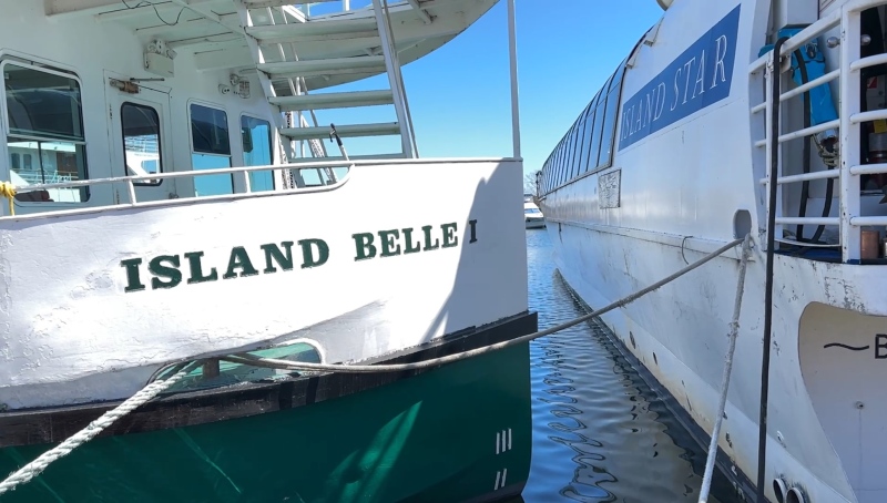 The Island Belle & Island Star 1000 Islands Cruise ships, docked at a marina on the north end of the LaSalle Causeway, in Kingston, Ont. April 22nd, 2024. (Jack Richardson/CTV News Ottawa).
