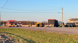 Three children were injured after a transport truck and a school bus collided on Route 400 in Russell, Ont. April 22, 2024. (Shaun Vardon/CTV News Ottawa)
