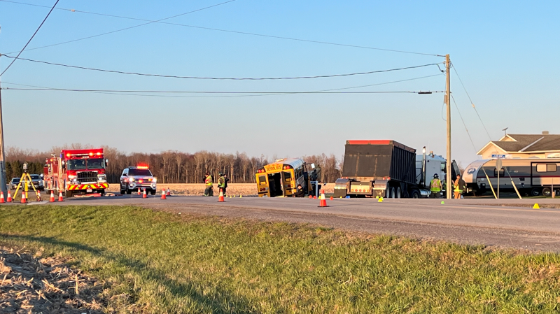 Three children were injured after a transport truck and a school bus collided on Route 400 in Russell, Ont. April 22, 2024. (Shaun Vardon/CTV News Ottawa)