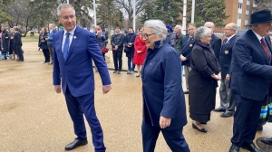 Her Excellency, the Governor General greets people gathered outside Government House as the Lieutenant Governor looks on. (Gareth Dillistone/CTV News)