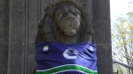 This image shows a statue guarding the Lions Gate Bridge decked out in a custom Canucks jersey on April 22, 2024. 